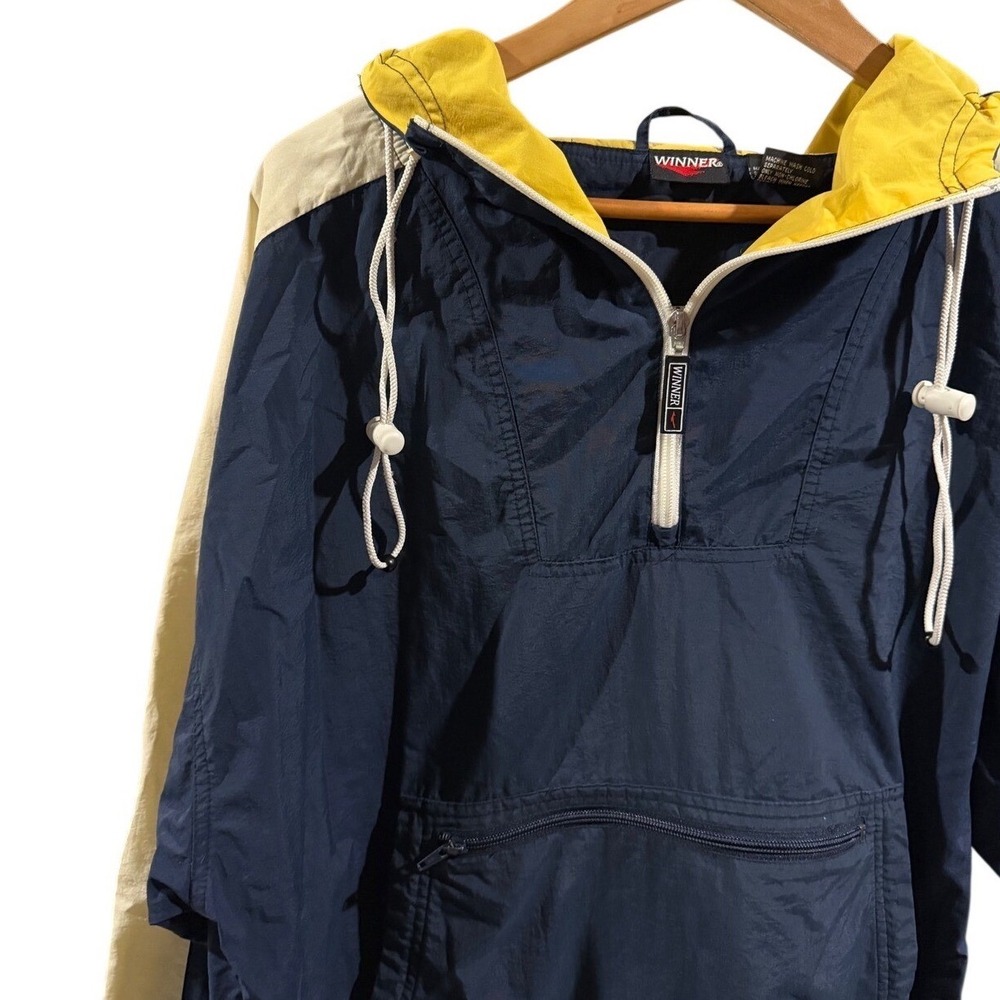 Winner Vintage 90s Colorblock Windbreaker Quarter Zip Anorak Navy Yellow LT